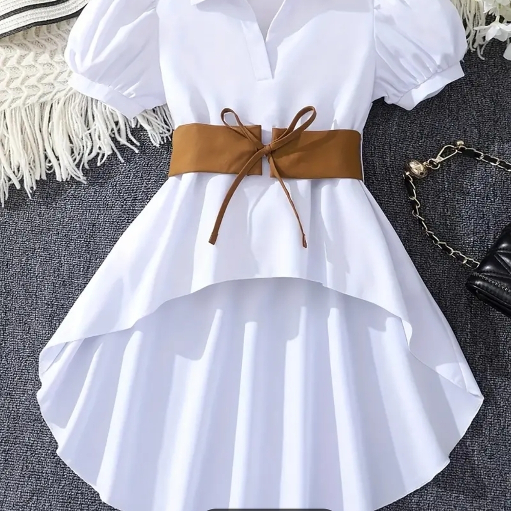 Elegant White Hi-low Shirt with Brown Suede Belt